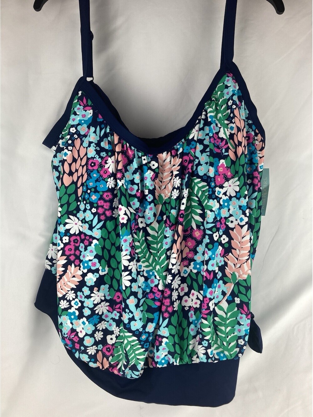 NEW Curvy Womens 22W Kim Rogers Swimsuit Tankini Top Floral Harbor Navy Blue